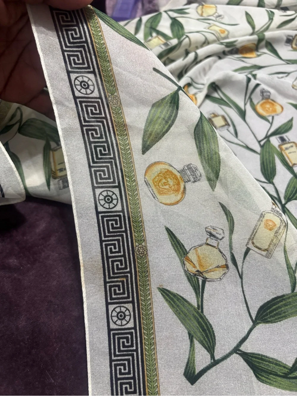 Versace botanical Perfume Bottle Print in Green and Gold. Size 32x32